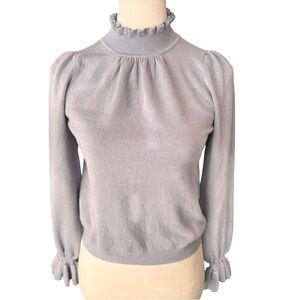 &merci Ruffled Mock Neck Puff Sleeve Knit Sweater Size Small Light Gray Feminine